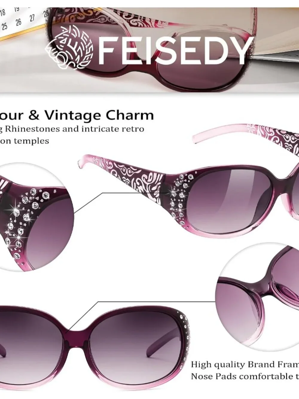 Vivid Vision Women's Polarized Sunglasses - Elegant Rhinestone & Floral Style
